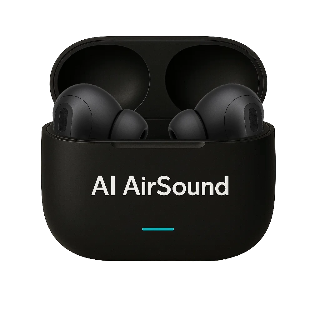 Image des écouteurs avec leur boitier, les écouteurs et le boitier sont de couleur noirs avec des petites lumière bleu