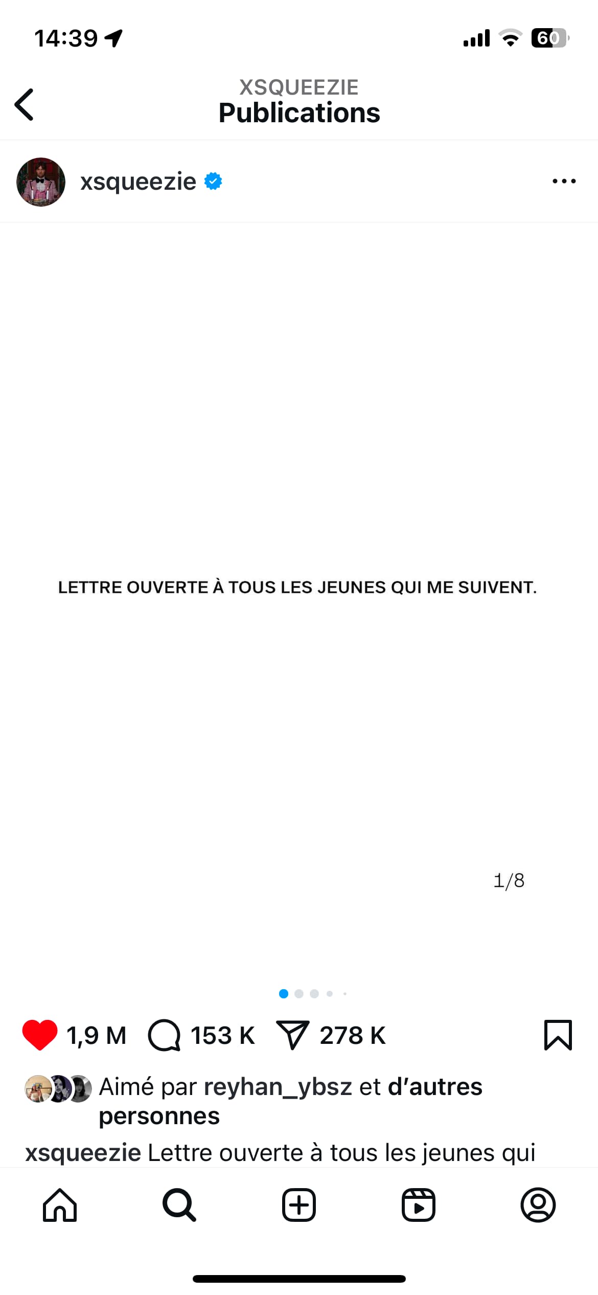 le post instagram de squeezie sur son avis du RN